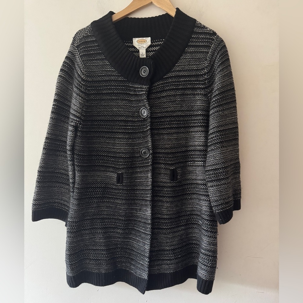 Talbots Black and Gray 100% Merino Wool Cardigan Sweater